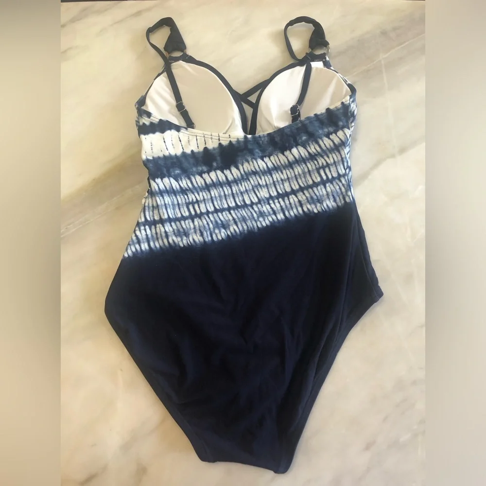 Michael Kors tie dye Logo Ring One-Piece Swimsuit Navy blue Women's 8 - Picture 3 of 4